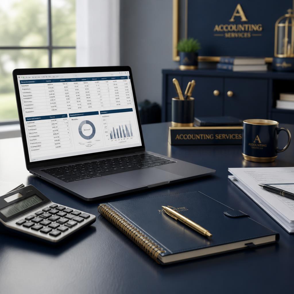 Escritório de contabilidade profissional com laptop, planilhas e calculadora